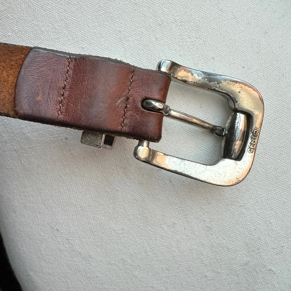 Vintage 1995 Brown Leather Belt Patina Silver Buckle Western Boho Minimalist